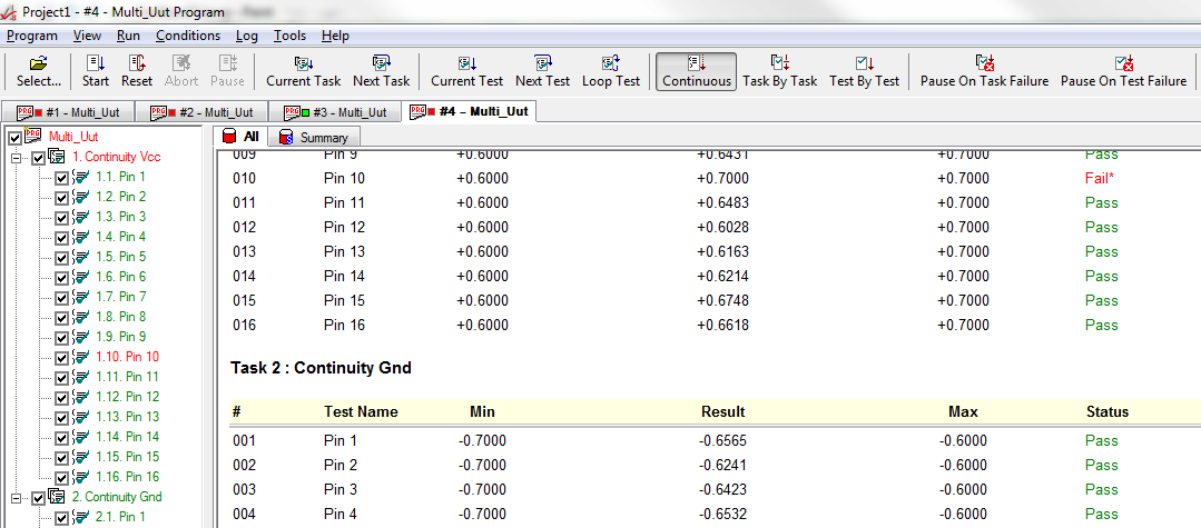 Test Executive results for multiple UUT test sequences are shown in their own tabbed window